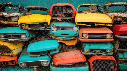 Junkyard Fence Art, A vibrant display of discarded car grilles creates an eclectic patchwork on a weathered fence, set against a minimalist backdrop that emphasizes its unique texture.