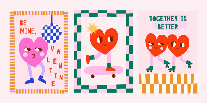 Cute cutout style Valentine's Day vector cards. Hand drawn simple groovy illustrations set with playful frames, heart character on skateboard, rollers, disco