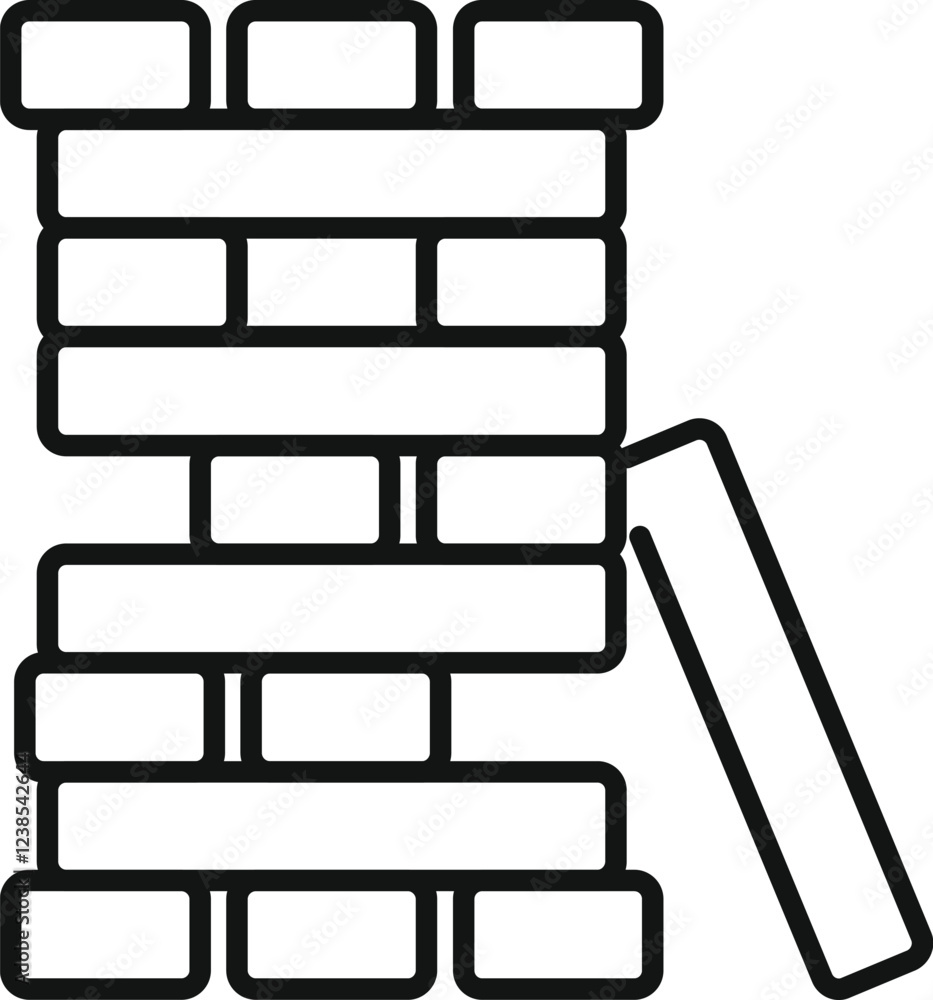 Poster tower of rectangular wooden blocks is shown with one block removed, causing the structure to become 