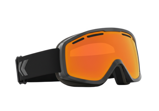 Angled view of a pair of ski goggles isolated on white background, no depth of field, sharp.