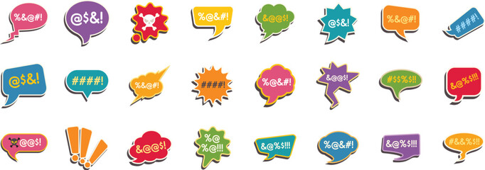 Collection of colorful comic book style speech bubbles with symbols and exclamations, conveying diverse emotions and reactions
