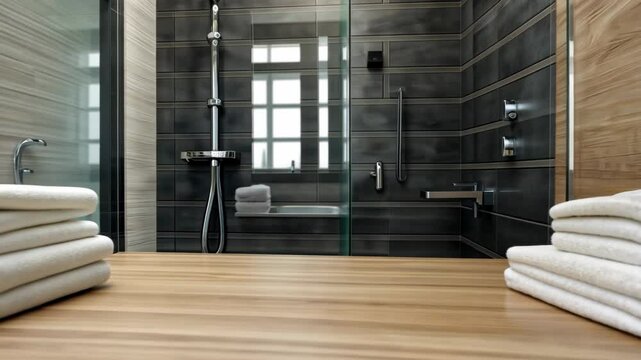 Discover a sleek bathroom featuring elegant tiles, a spacious shower area, and fresh towels on a wooden shelf