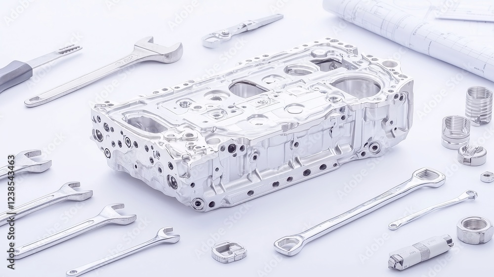 Poster engine block assembly station, partially disassembled engine block on workbench, surrounded by tools