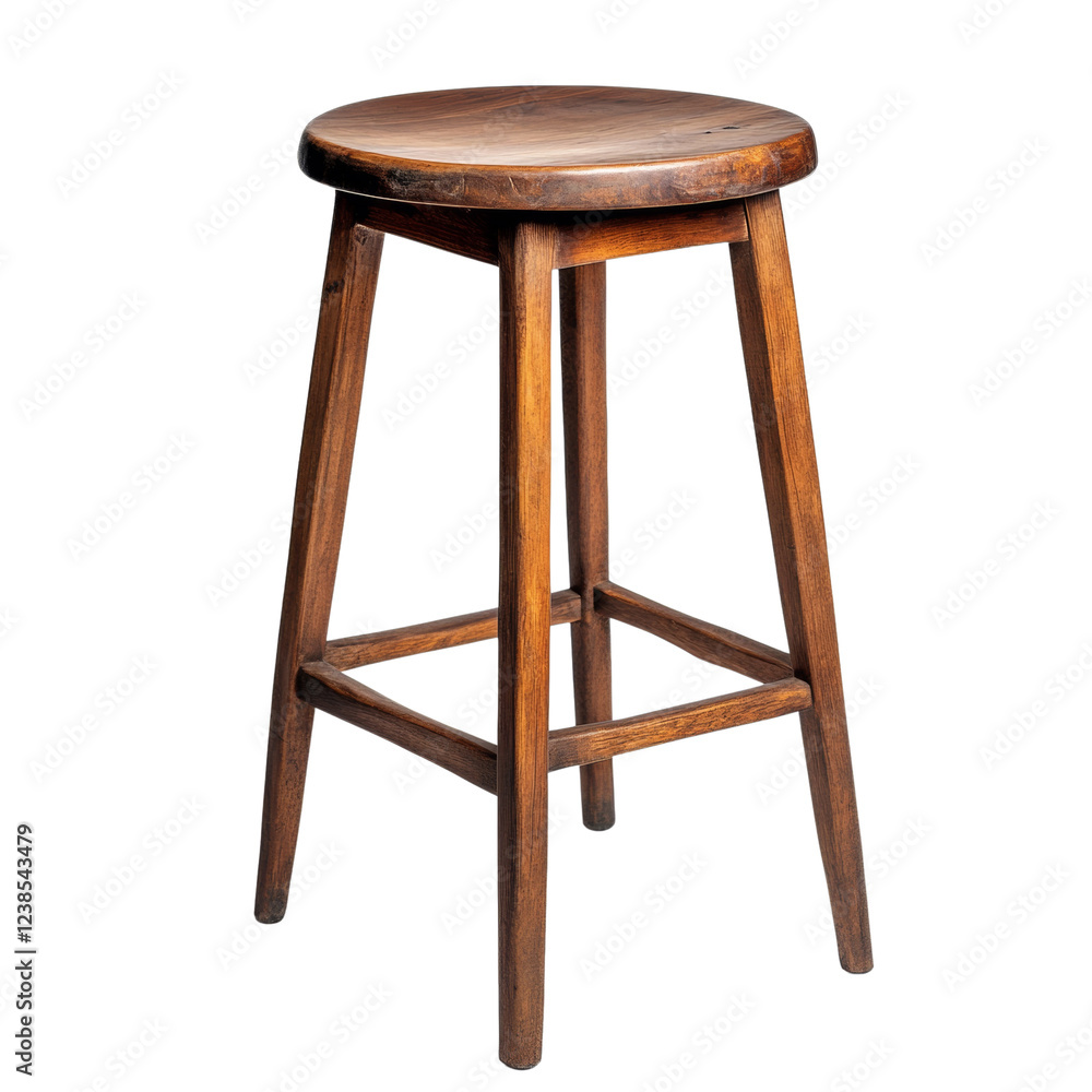 Aufkleber A rustic wooden stool with a simple design is shown against a black background.  The stool appears to be made from solid wood.