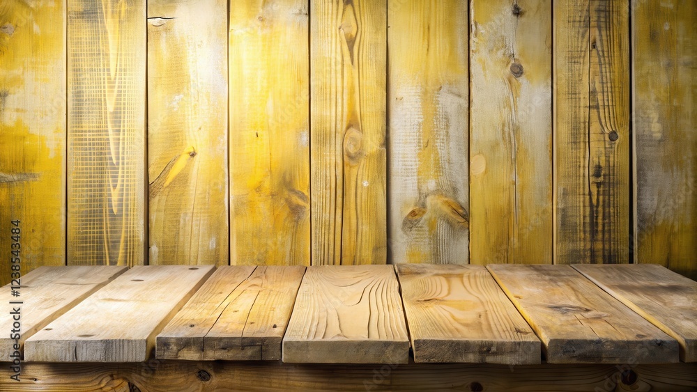 Poster rustic wooden table and weathered yellow plank background perfect for product display and design pro