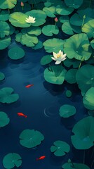 lotus leaves on the lake and little red fish illustration poster background 