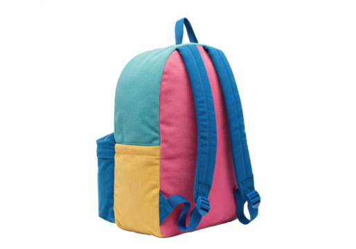A multi-colored backpack with a blue strap isolated on white background, no depth of field, sharp. - Powered by Adobe