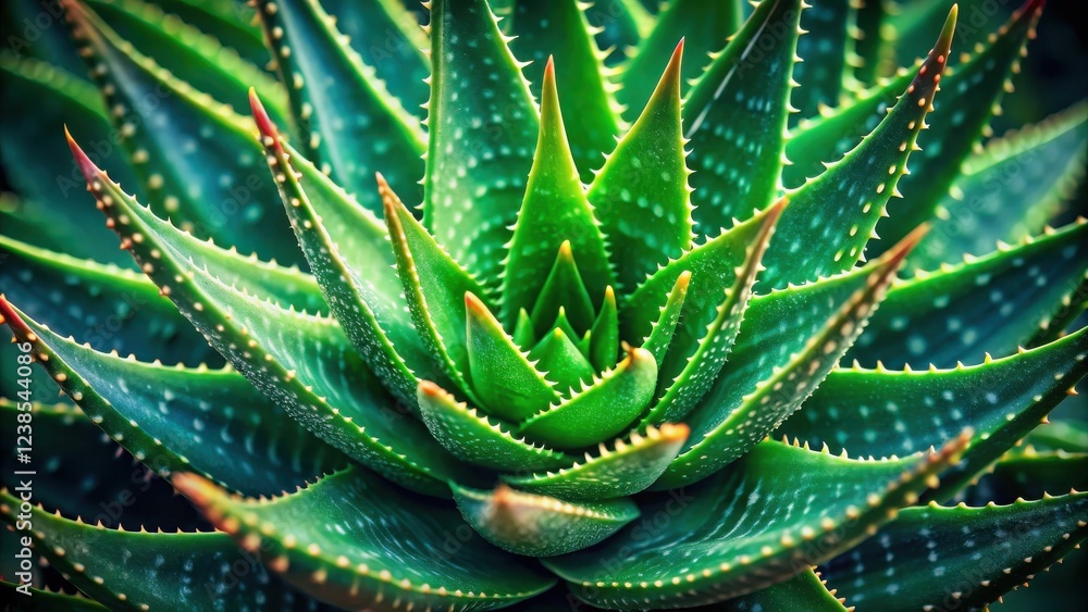 Poster close-up view of a succulent plant with vibrant green leaves and sharp spines, showcasing intricate 