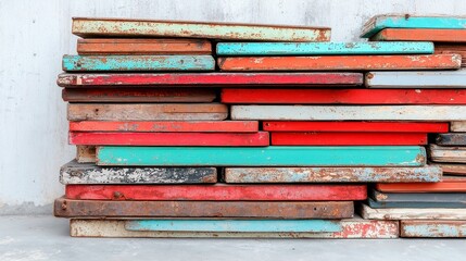 Salvaged Car Doors Against Garage Wall, a vibrant display of colorful paint and rust on stacked doors, set in a minimalist environment with a worn-out backdrop.