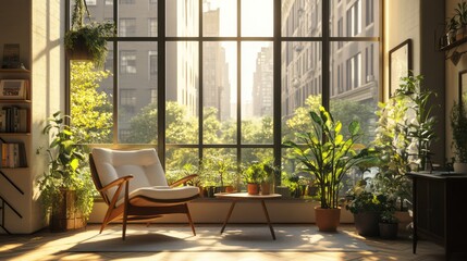 Obraz premium A sunlit minimalist room with light wood flooring, potted plants, and large windows