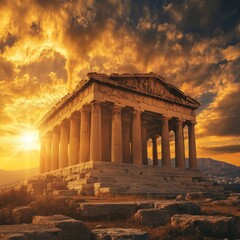 Ancient Greek Temple Sunset Golden Hour