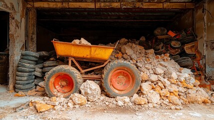 Rusty wheelbarrows and tractor tires beside an abandoned farmhouse, showcasing weathered textures and forgotten tools in a serene, minimalist landscape