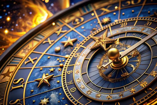 Close-up of Golden Zodiac Clock Face, Celestial Timepiece Detail, Astrology Clock, Horoscope, Zodiac Signs
