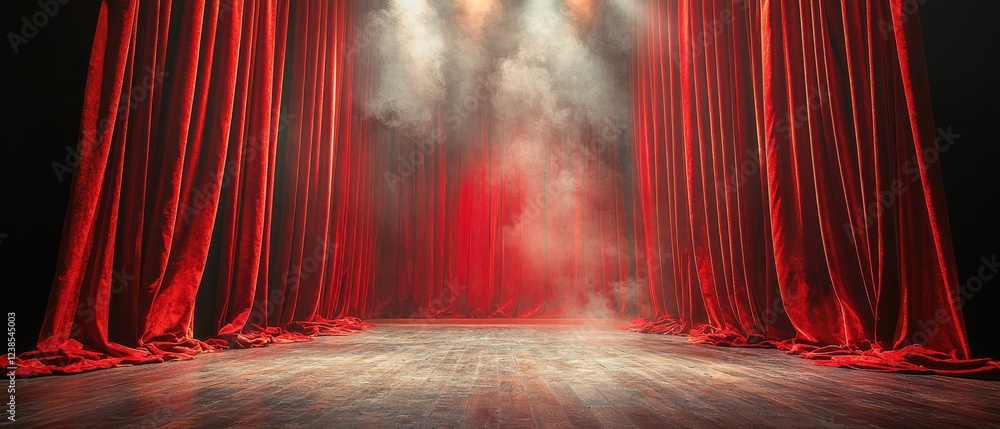 Poster elegant stage with red velvet curtains, illuminated by soft lights and surrounded by mist, creating 