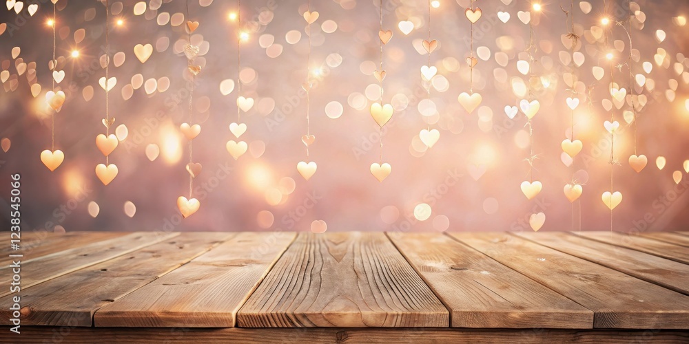 Poster romantic wooden table with hanging heart lights and bokeh background