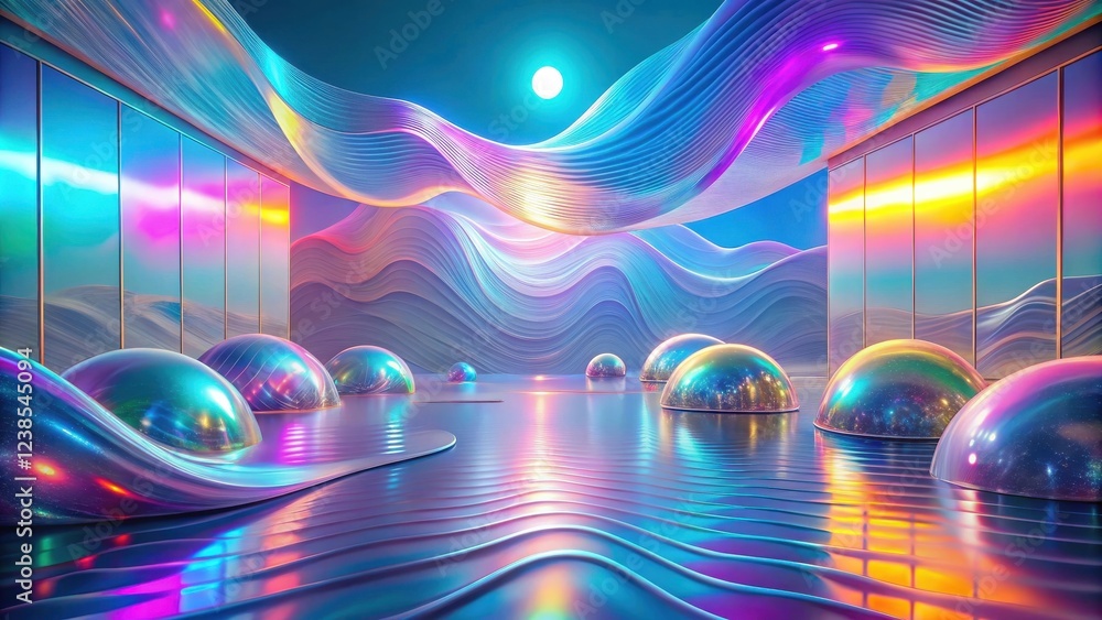 Aufkleber abstract iridescent landscape with reflective spheres and flowing forms