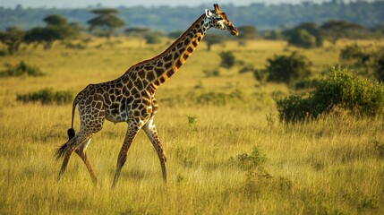 Obraz premium Giraffe elegantly navigating the savannah, showcasing its majestic neck amidst lush wilderness