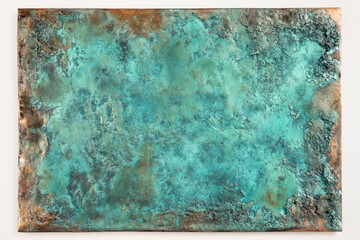 Aged copper panel showcasing unique green patina and rich textures, featuring rusty areas and intense oxidation, perfect for rustic or industrial design projects