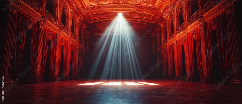 Poster empty performance space with spotlight shining down, creating dramatic atmosphere. ornate architectu