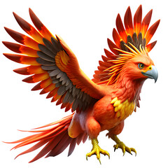 Obraz premium A colossal Thunderbird, with wings spanning over 30 feet, and vibrant red, orange, and yellow feathers. Isolated on a white background. For Gaming and Fantasy projects. 