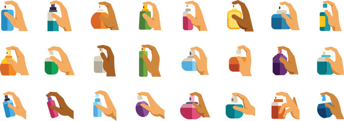 Different hands spraying various colorful perfume, deodorant, disinfectant or cleaning spray bottle collection