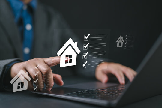 Real estate management, businessman managing real estate tasks with a laptop, accessing digital checklists and tools for streamline housing evaluations, investment planning, and transaction processes.