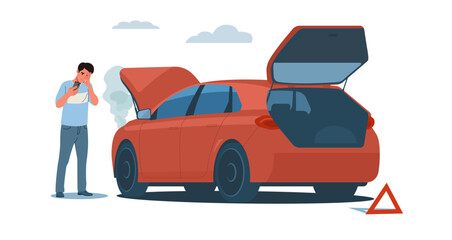 A man near a broken down car with the hood open. Vector illustration.
