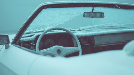 Obraz premium Abandoned Convertible in Dusty Garage, vintage car without a soft top or dashboard, enveloped in dust, dim lighting enhances the atmosphere of neglect and nostalgia.
