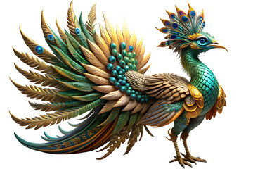 Obraz premium A vibrant and majestic Simurgh, a Persian mythical bird with the body of a peacock and the head of a lion. Isolated on a white background. For Gaming and Fantasy projects. 