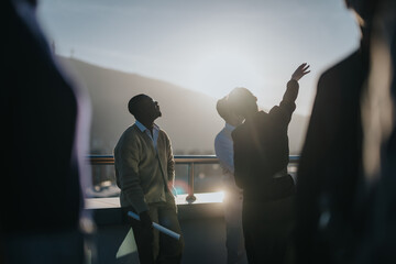 A diverse group of business colleagues engaging in conversation on a balcony high above the city at sunset, embodying innovation and teamwork.