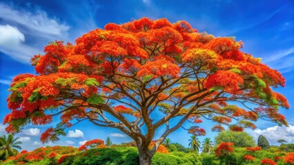 Colorful Royal Poinciana tree in full bloom against a bright blue sky with lush greenery and vibrant flowers, vibrant colors, nature
