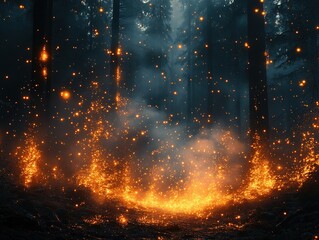 Flames burning ground in forest with blurry trees for background and disaster concepts