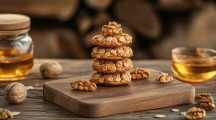 Fototapeta premium Delicious oatmeal cookies stacked on wooden cutting board, topped with walnuts and drizzled with honey, creating warm and inviting atmosphere