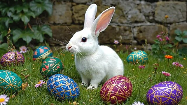 Easter bunny and pastel colorful eggs