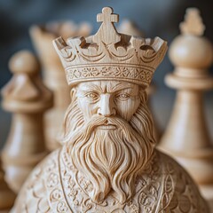 Fototapeta premium Close-up of a carved wooden chess king piece.