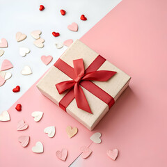 Romantic valentines day gift box with red bow and hearts love pink card white sweet happy beige