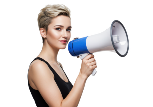 Woman with short blond hair holding a blue and white megaphone, isolated on white background