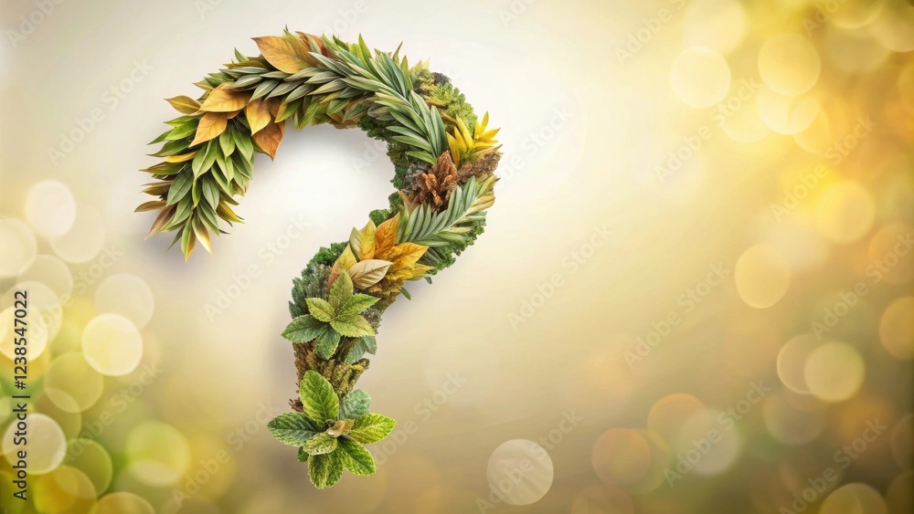 Poster a botanical question mark composed of assorted greenery and autumn leaves on a soft, blurred backgro