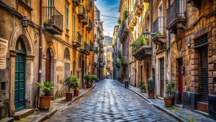 Fototapeta premium Ancient stone street lined with historic buildings in the heart of Naples Italy
