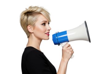 Woman with short blond hair holding a blue and white megaphone, isolated on white background