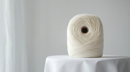Soft white yarn cone on table, bright background, craft supplies