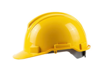 Yellow safety hard hat isolated on white background, side view, no depth of field, sharp.
