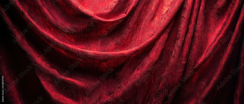 Poster dramatic red velvet curtain with intricate patterns, creating rich and luxurious atmosphere. folds a