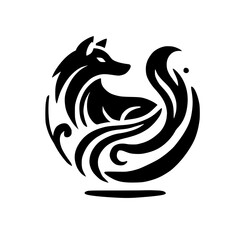 Abstract Wolf Design: Black and White Circular Animal Art.  A stylish and mystical graphic symbol of a wolf, perfect for logos, prints, and more.