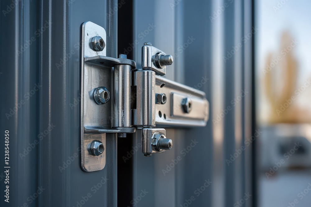 Poster close up of shipping container lock mechanism, showcasing metal components and bolts. image highligh