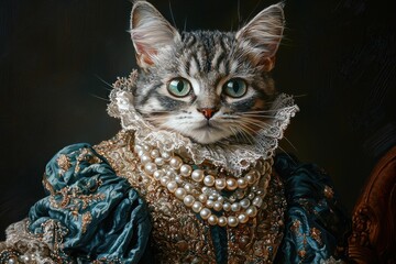 Baroque pet portrait with royal costume concept. A regal cat dressed in ornate clothing with pearls and lace