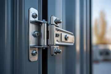 Close up of shipping container lock mechanism, showcasing metal components and bolts. image highlights intricate design and functionality of locking system