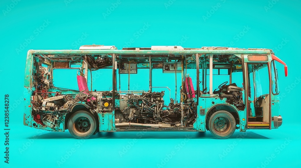 Poster disassembled city bus exposing engine, showcasing open panels revealing intricate machinery, minimal