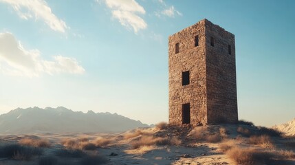 Ancient Stone Tower Standing Tall in the Desert Landscape Under Clear Skies