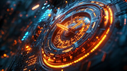 A bright and clear image, 8k high definition, of a 3D animated clock with moving hands and digital display elements, set against a futuristic background 